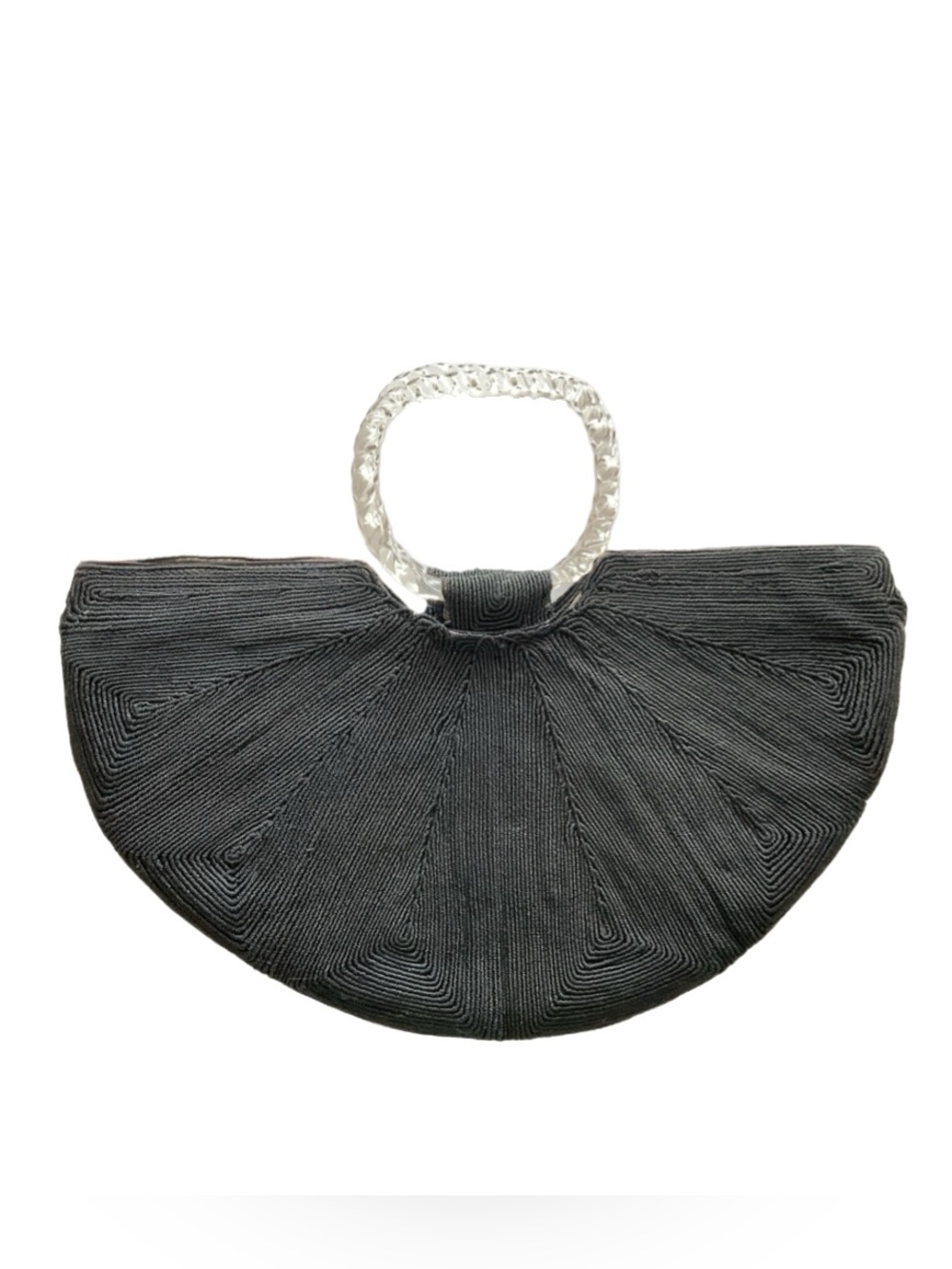 Vintage 1940s Black Cordé Handbag / Purse - Half Moon Shaped - Lucite Handles